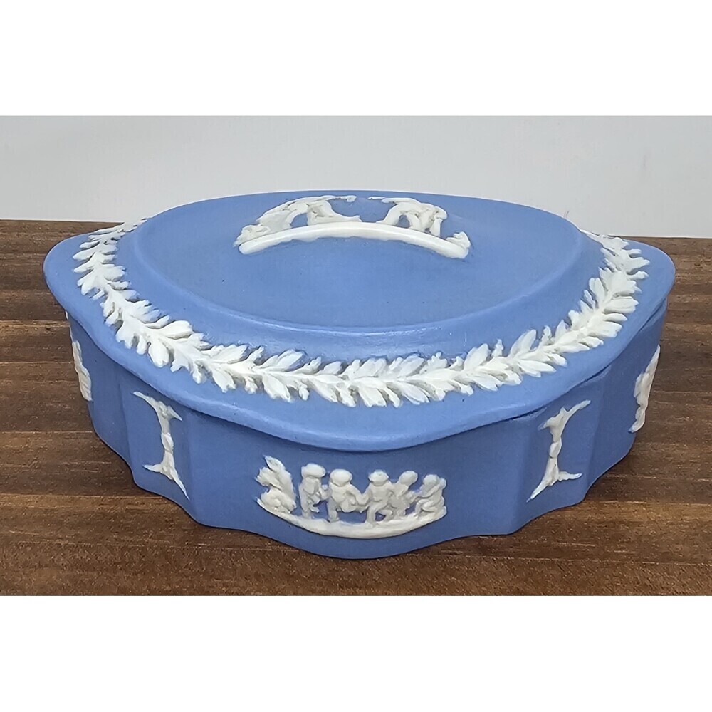 Vtg Porcelain Blue Ivory Cherubs Oval Trinket Box Handmade School Project Signed